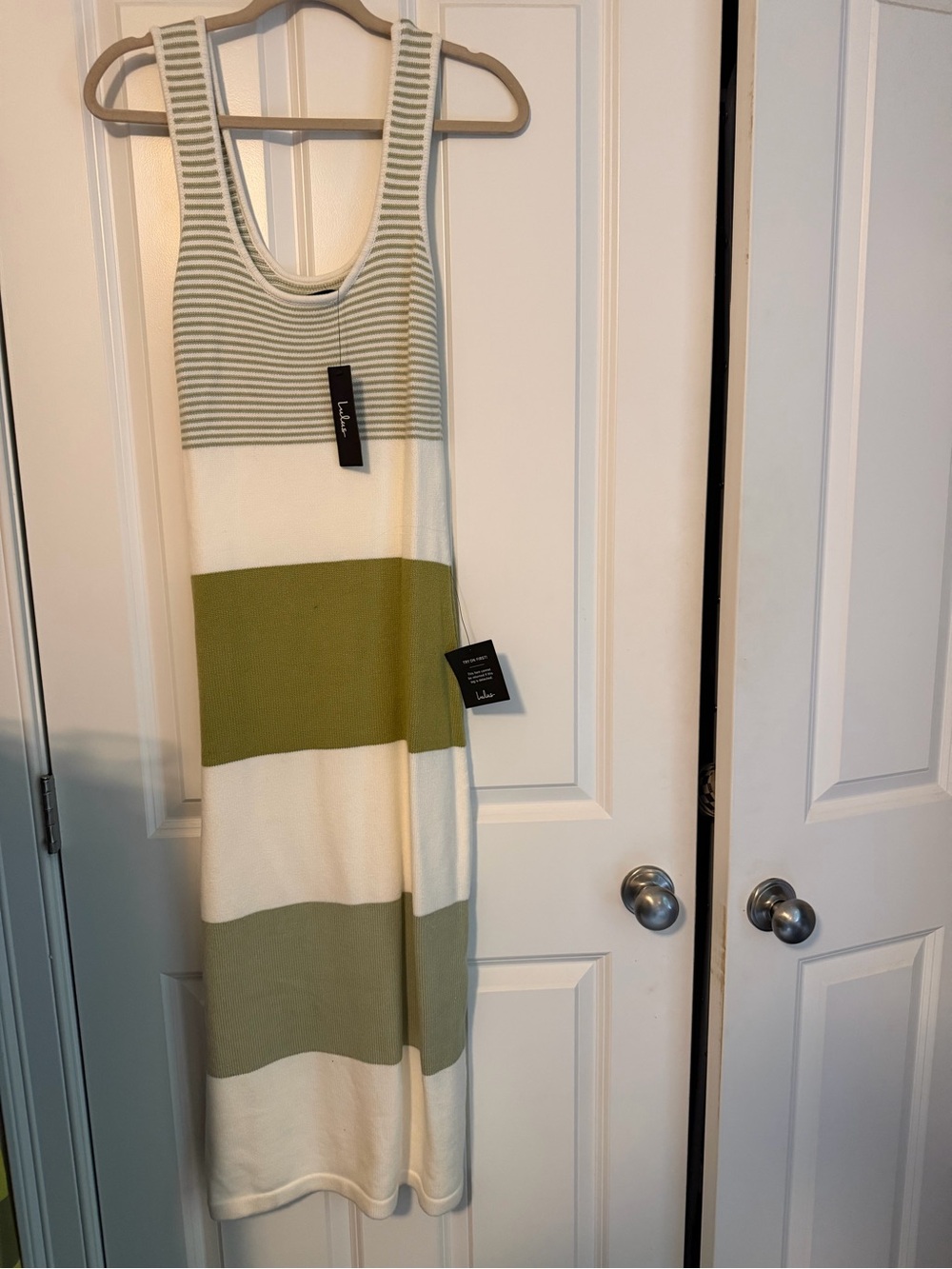 Lulu's Olive & White Striped Knit Maxi Tank Dress